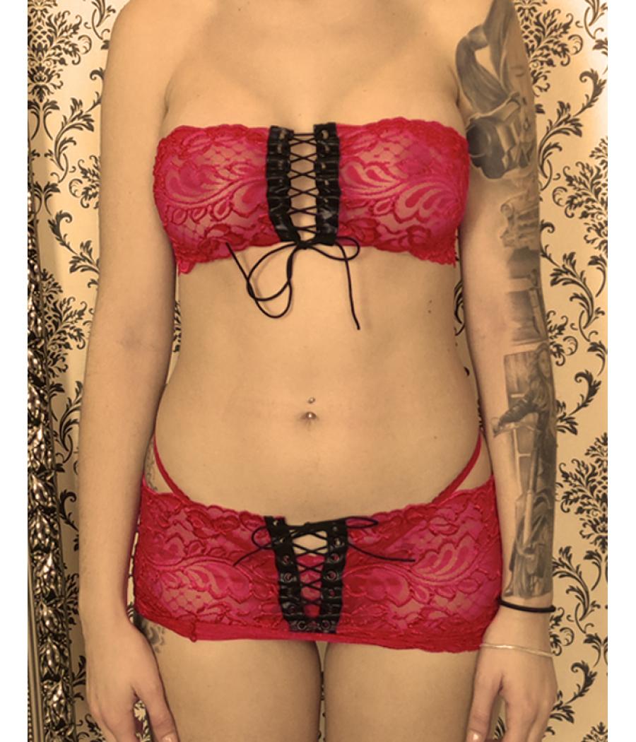 SET TOP, CULOTTE Y TANGA ROJO CUERO