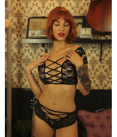 SET CULOTTE Y SUJETADOR MANGA ENCAJE NEGRO