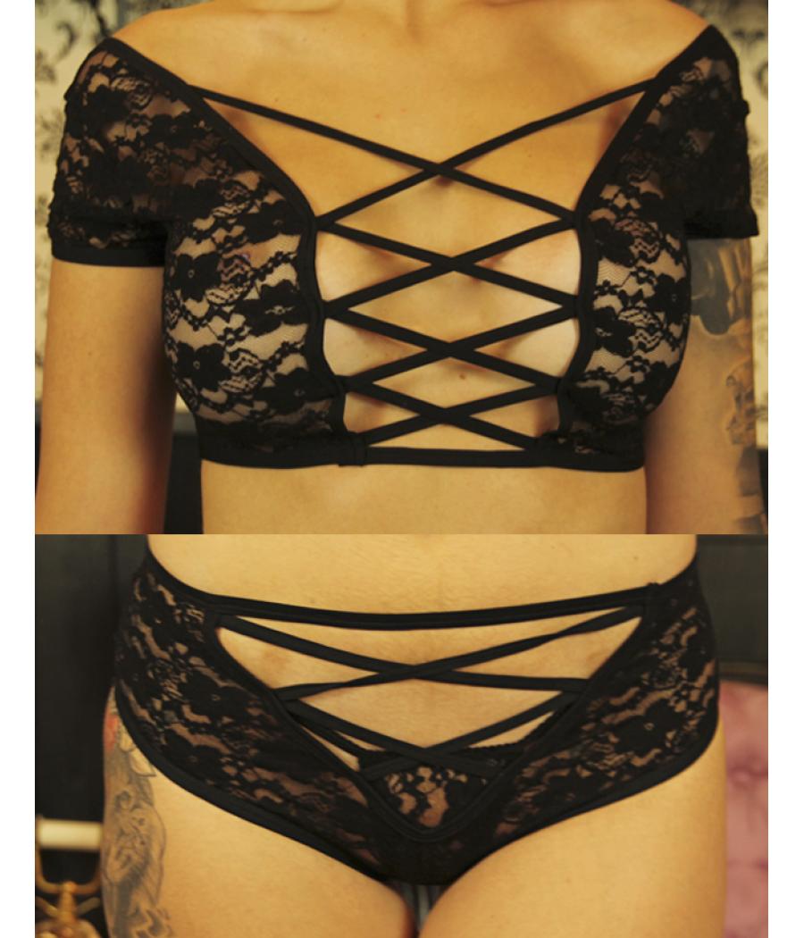 SET CULOTTE Y SUJETADOR MANGA ENCAJE NEGRO